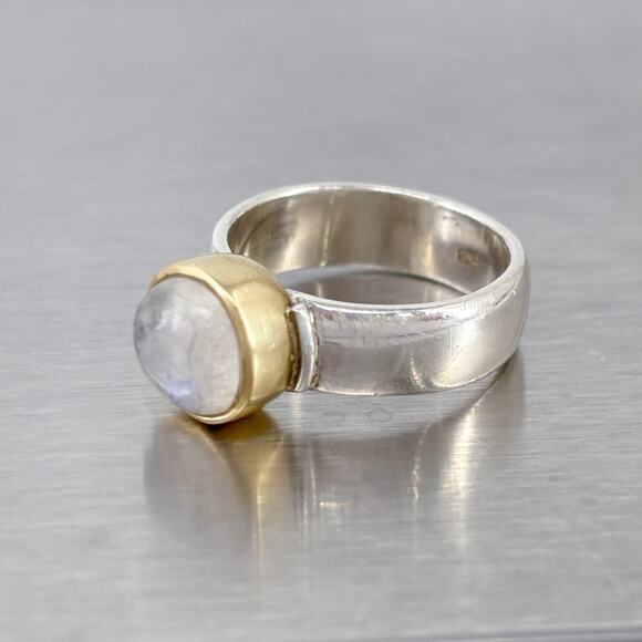 Rainbow Moonstone Gold Accent Bezel Ring | Sterling Silver 925 | Size 6 - Picture 13 of 15